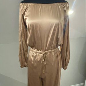 Metallic Gold Satin Off Shoulder One Piece Jumpsuit